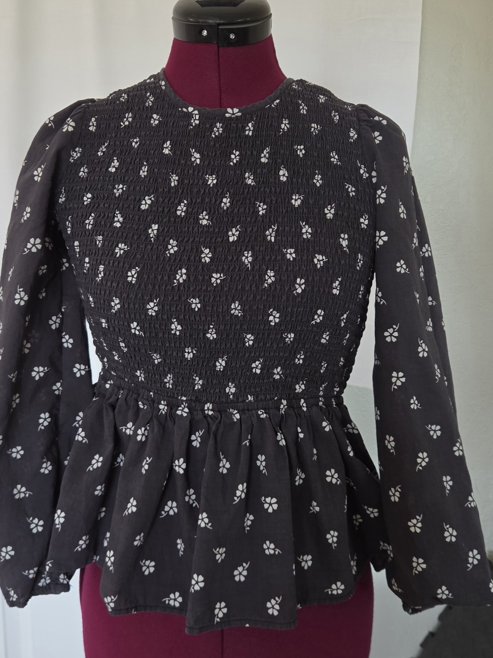 Marine Layer Gabrielle Black Smocked Peplum Top with White Floral Print Prairie